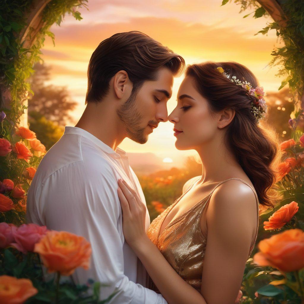 A passionate couple embracing in a softly lit, romantic setting, surrounded by lush greenery and vibrant flowers, symbolizing sensuality and connection. Their expressions should convey intimacy and joy, with gentle touches highlighting the warmth of modern romance. The background features a warm sunset casting a golden glow, enhancing the emotional atmosphere. surreal art. vivid colors. soft focus.