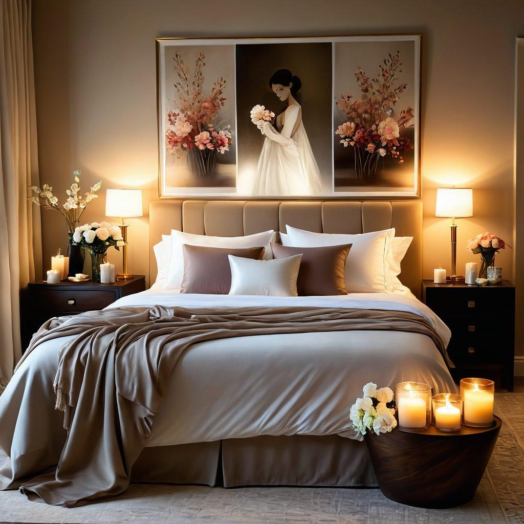 A serene and inviting bedroom scene adorned with soft, luxurious fabrics, dim ambient lighting, and candles casting a warm glow. Elegant art pieces depicting intimacy and connection hang on the walls, while delicate flowers accompany sensual objects like massage oils and silk sheets. Subtle hints of romance and wellness, reflecting a nurturing environment for intimacy and self-discovery. soft focus. warm tones. artistic photography.
